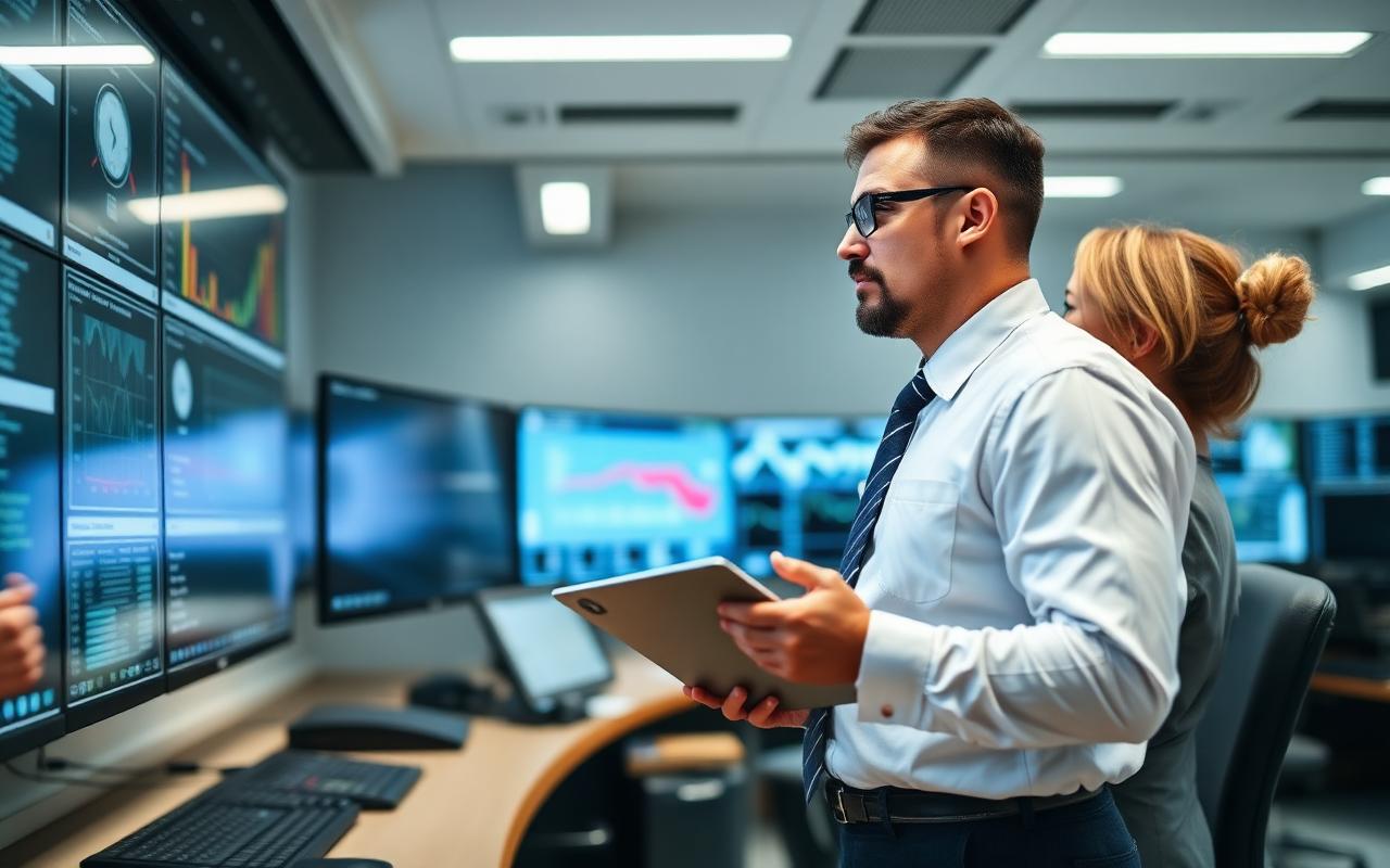 Logistics specialists analyzing data on monitors